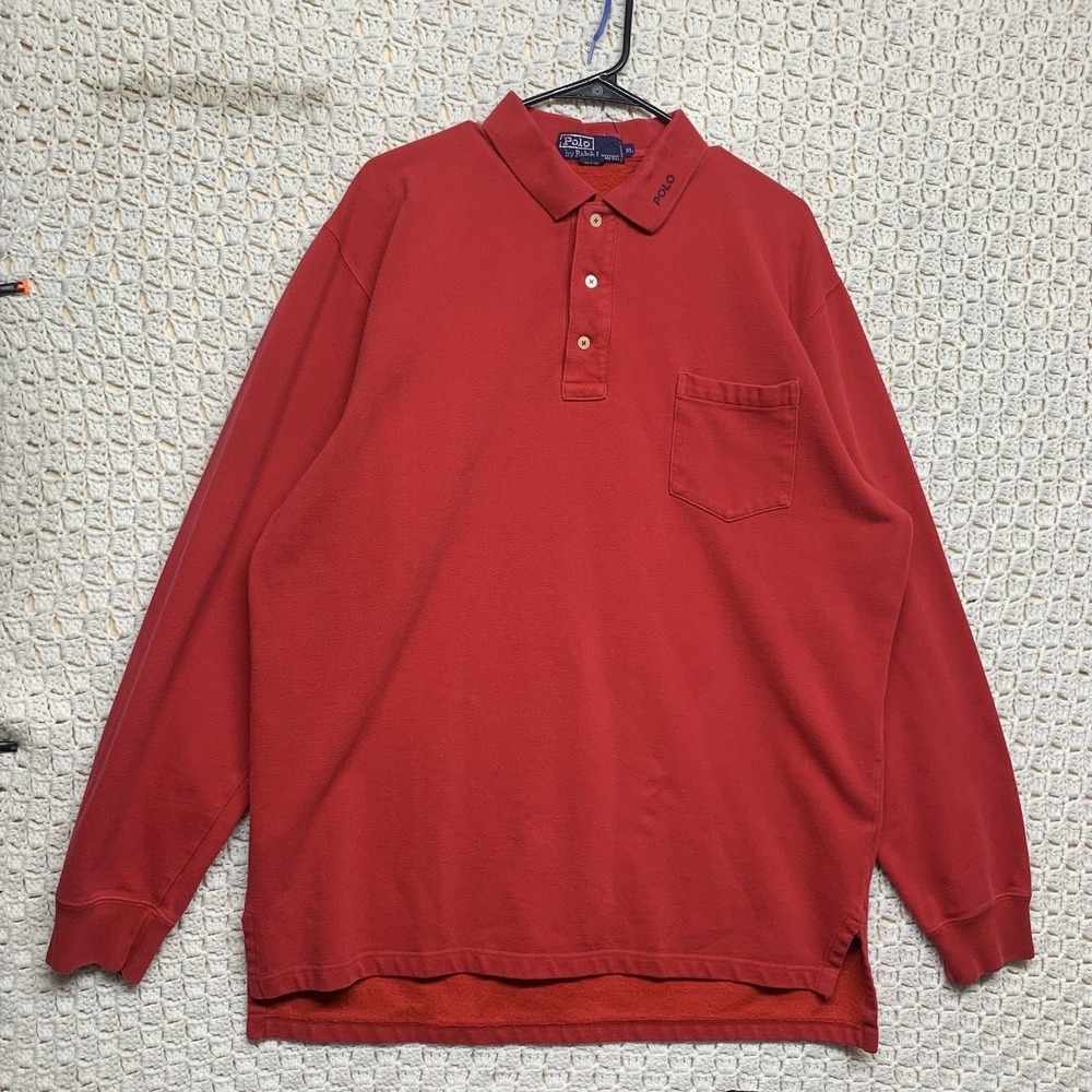Vtg Polo Ralph Lauren  Polo Shirt Mens XL Red‎ Long Sleeve Collared Golf Rugby
